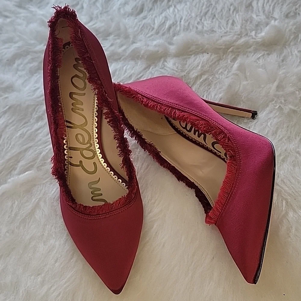 SAM EDELMAN Halan Satin Cranberry Eyelash Fringe Pointed Toe Party Formal Heel 6